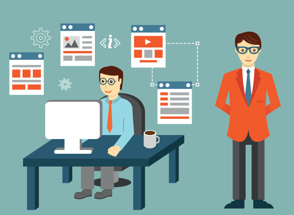 Illustration of a professional setting with two cartoon men. On the left, a man is seated at a desk working on a computer with a coffee cup, surrounded by floating icons. On the right, a man in an orange suit stands confidently.