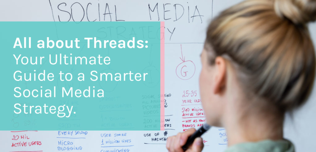 A woman is seen from the back, standing in front of a whiteboard with the heading 'SOCIAL MEDIA STRATEGY' written on it. Various marketing strategies are outlined on the board. Text overlay on the image: 'ALL about Threads: Your Ultimate Guide to a Smarter Social Media Strategy.'